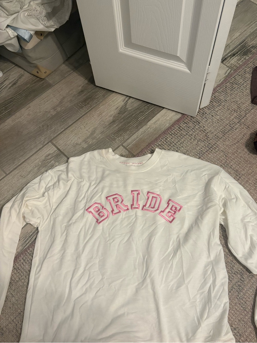 White 'Bride' Pullover Sweatshirt with Pink Lettering